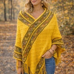 Boho Knit Poncho Shawl Wrap Fringe Yellow Textured Cozy One Size New